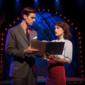 A man and woman standing on stage holding a book.