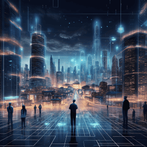 A futuristic city with people standing in the middle of it.