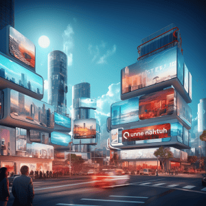 A futuristic city with a lot of billboards.