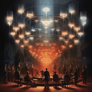 A group of people are sitting around a circular table in a dark room.