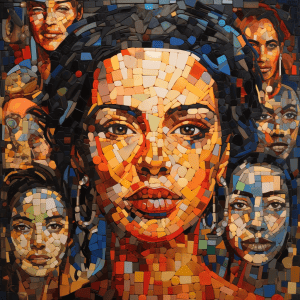 A mosaic painting of a woman with many faces.