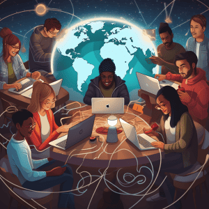 A group of people sitting around a table with laptops.
