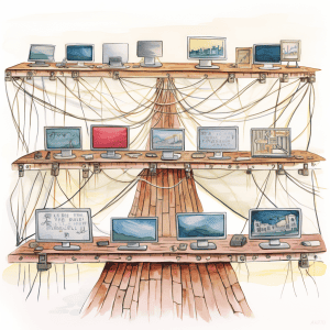 A drawing of a ship with many computers on it.