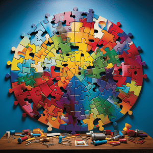 A colorful jigsaw puzzle on a table.