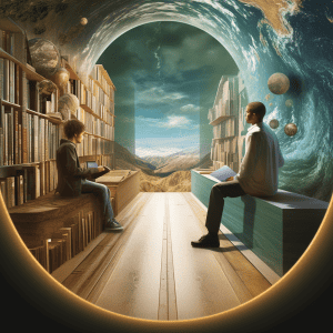 Two people sitting in a library looking at the earth.