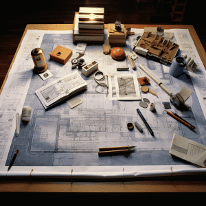 A blue blueprint on a table.