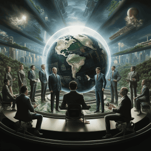 A group of people sitting around a globe.