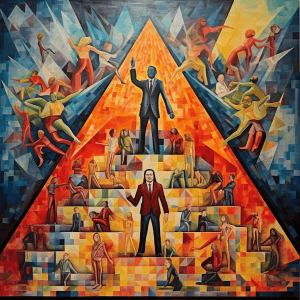 A painting of people standing on top of a pyramid.