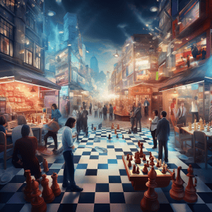 A chess board with people playing chess in a city.