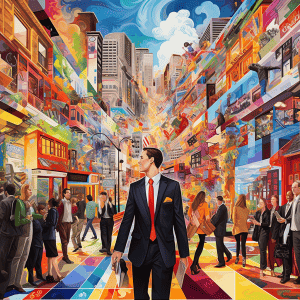 A man in a suit walking down a city street.