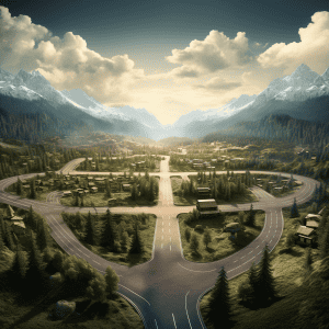 An aerial view of a city in the mountains.
