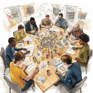 A group of people sitting around a table.