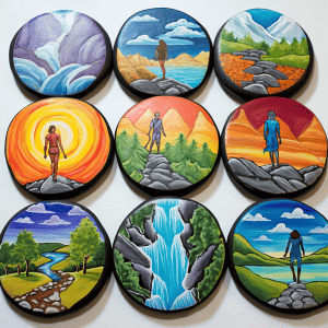 A group of cookies with a woman and a waterfall on them.