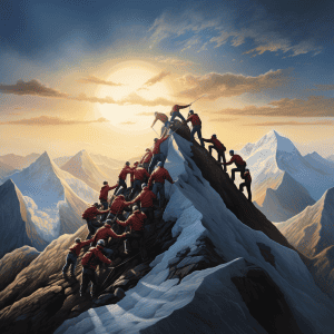 A painting of people climbing a mountain.