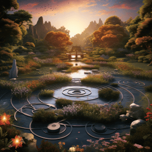 An image of a circular pond in a garden.