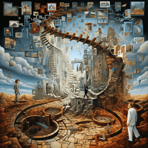 A painting of a man walking down a staircase.
