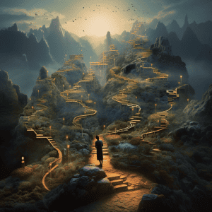 A man is walking down a path in the mountains.