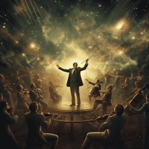 A man in a suit is standing in front of a group of musicians.