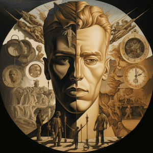 A painting of a man with a clock in front of him.