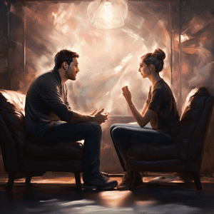 A man and woman sitting on a couch.