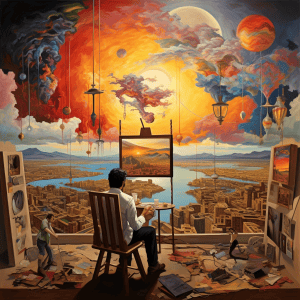 A painting of a man sitting in front of a painting.