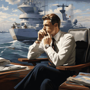 A man sitting at a desk in front of a ship.