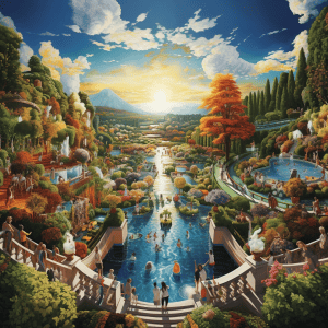A painting of a garden with people in it.