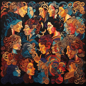 A painting of a group of women with colorful hair.
