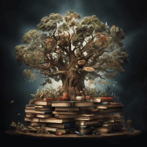 A stack of books with a tree on top of it.