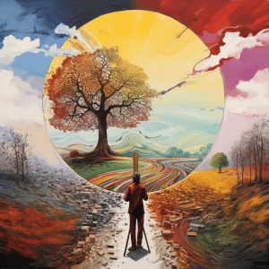 A painting of a man standing in front of a tree.