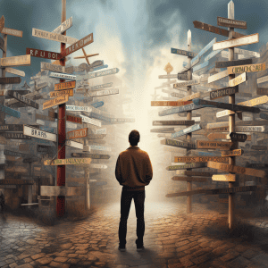 A man is standing in front of a lot of street signs.