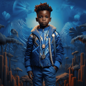 A young boy in a blue jacket standing in front of a forest.