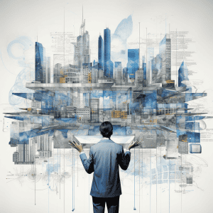 A man in a suit is standing in front of a cityscape.