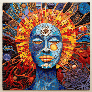 A mosaic art of a face.