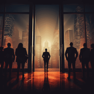 Silhouettes of business people standing in front of an open door.