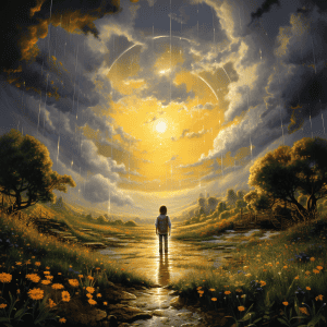 A painting of a person standing in a field looking at the sun.