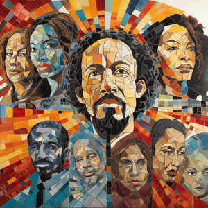 A mosaic painting of a group of people.