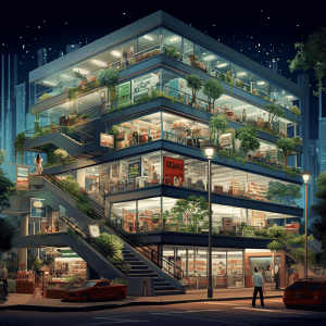 An illustration of a building at night.
