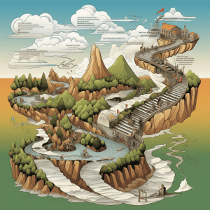 An illustration of a mountain and a river.