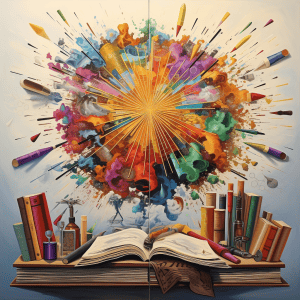 A painting of an open book with colorful paint splatters.
