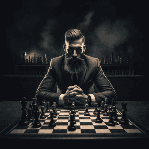 A businessman with a beard sitting at a chess board.
