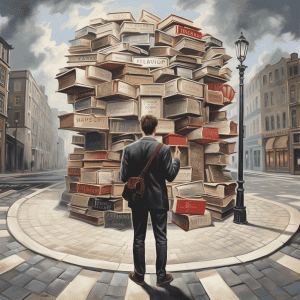 A man standing in front of a pile of books.