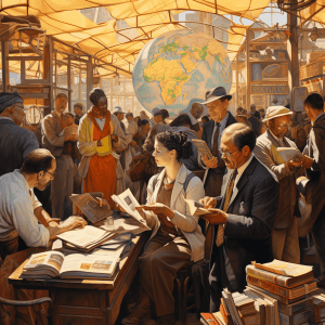 A painting of a group of people reading books.