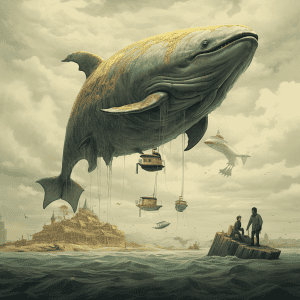 A large whale is flying over a group of people on a boat.
