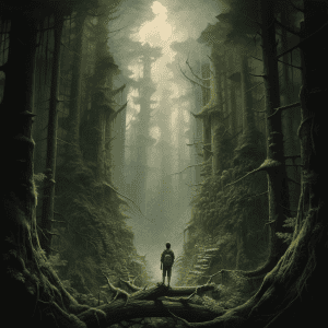 A man is standing in the middle of a forest.