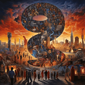 A painting of a city with a large number in the middle.