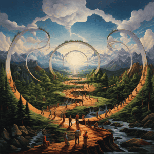A painting of a circular path with people on it.