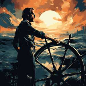A painting of a man standing at the wheel of a ship.