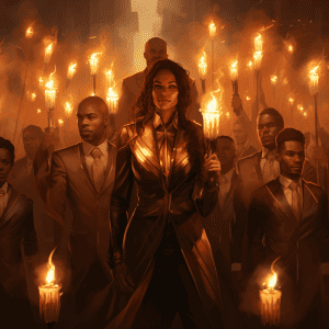 A woman holding a torch in front of a group of people.