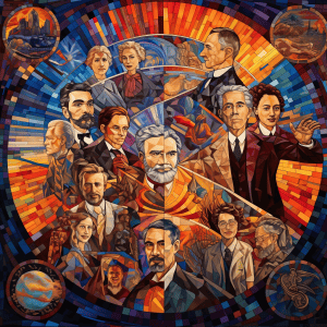A painting of a group of people in a circle.